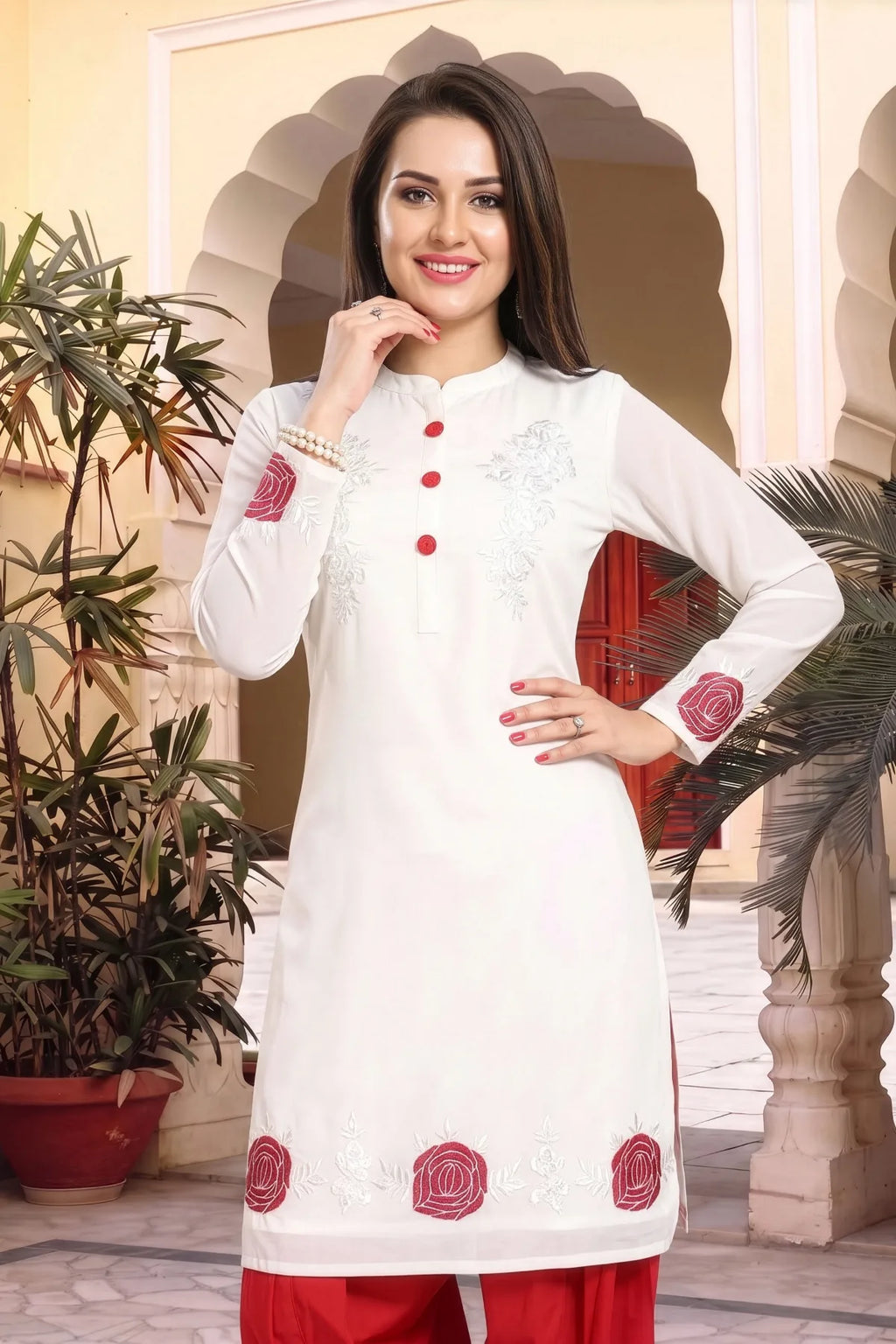 Cream Fine Georgette Short Tunic with Machine Embroidery