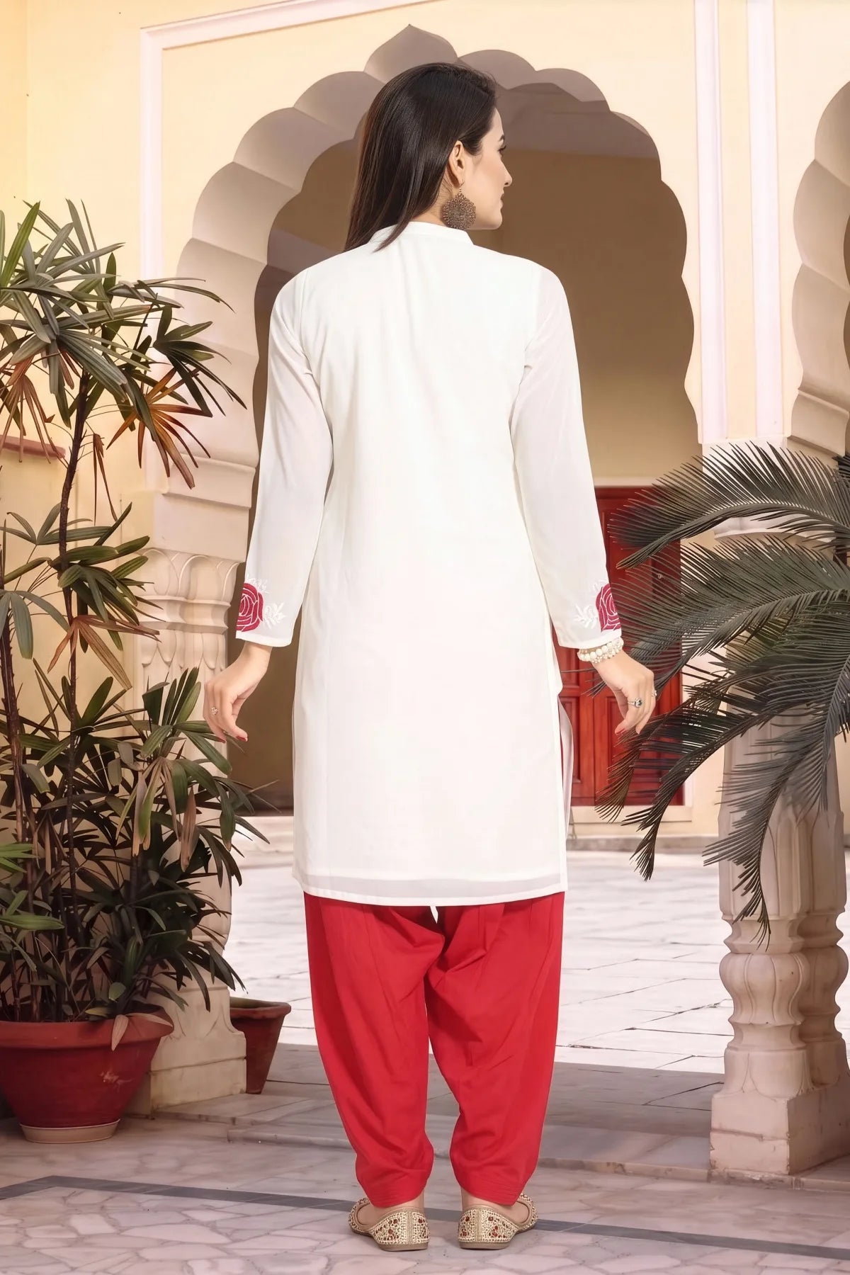 Cream Fine Georgette Short Tunic with Machine Embroidery