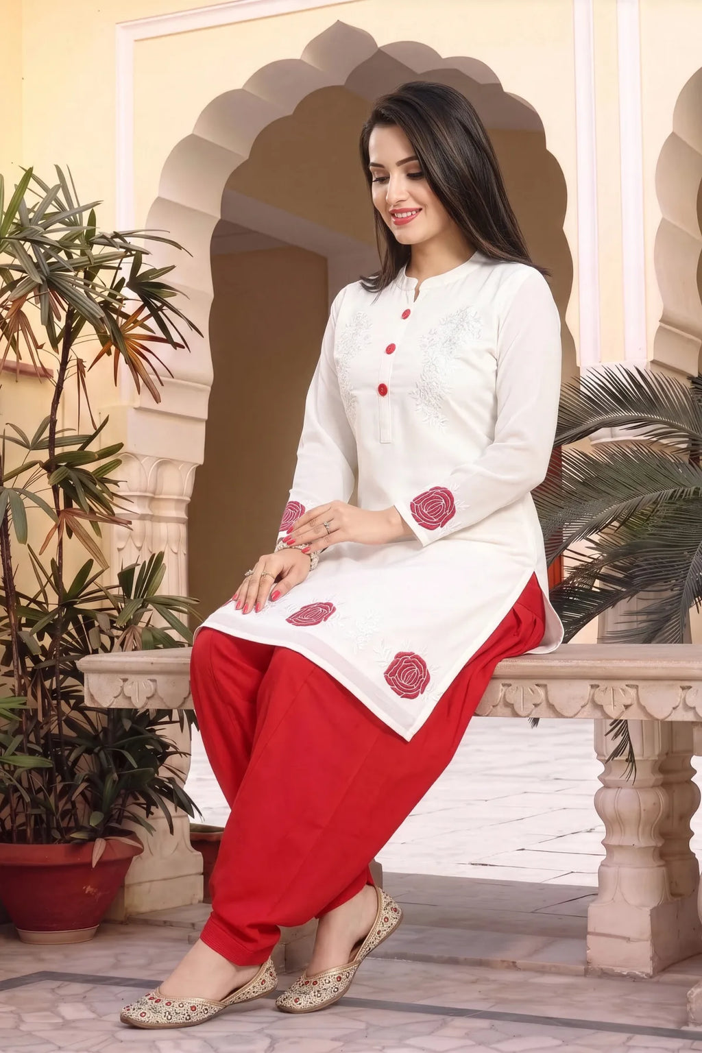 Cream Fine Georgette Short Tunic with Machine Embroidery