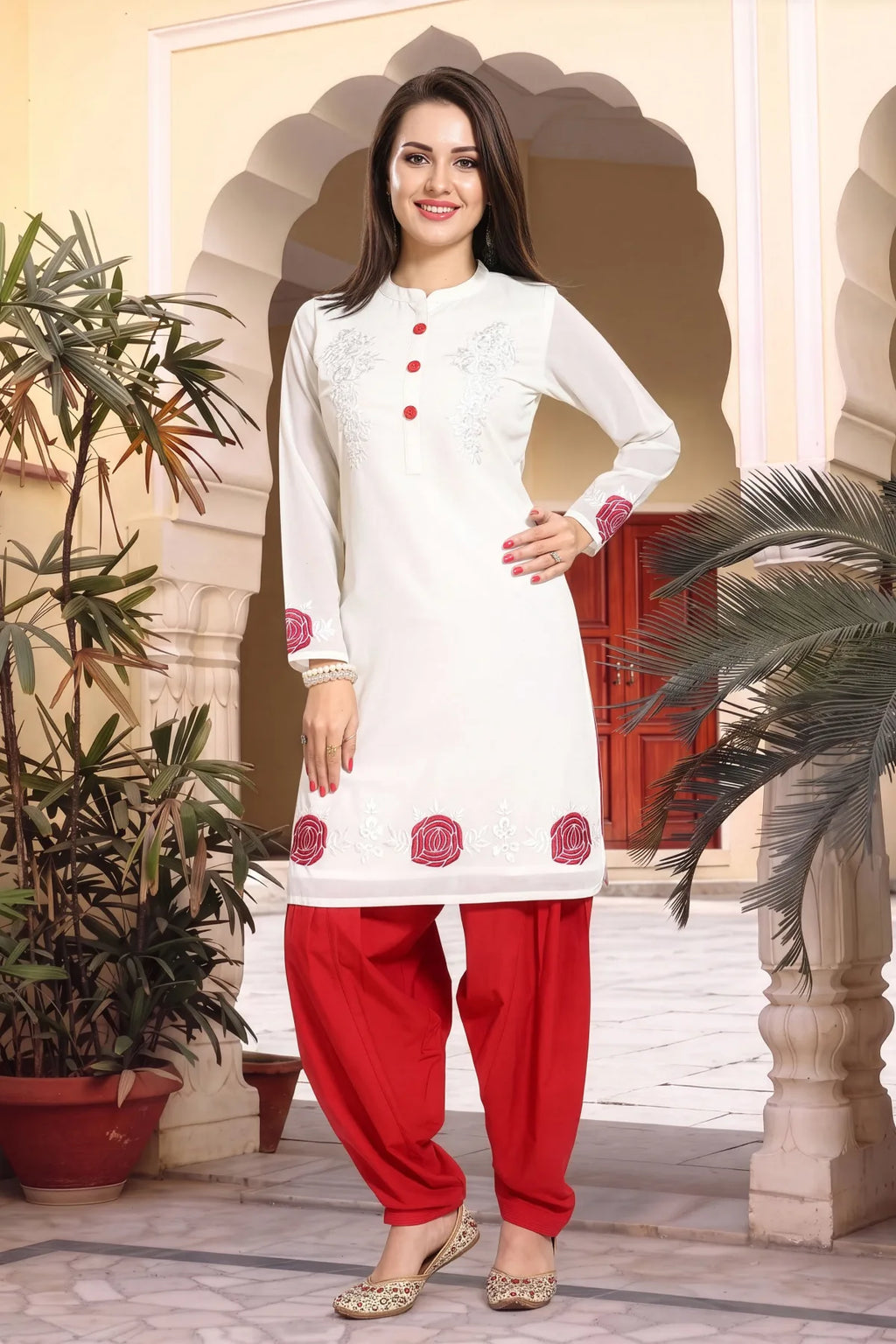 Cream Fine Georgette Short Tunic with Machine Embroidery