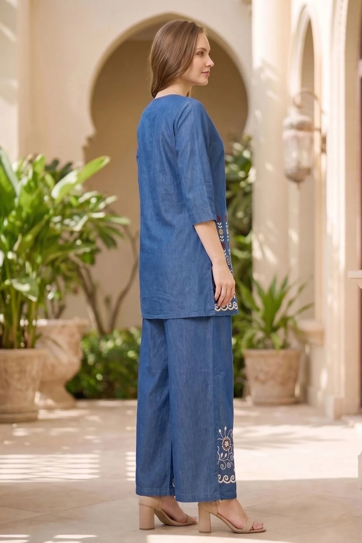 Indigo Denim Kurta Palazzo Set with Floral Thread Embroidery