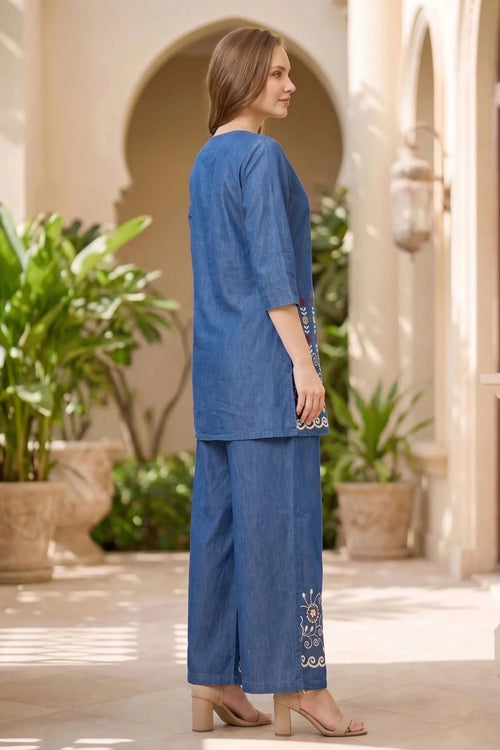 Indigo Denim Kurta Palazzo Set with Floral Thread Embroidery