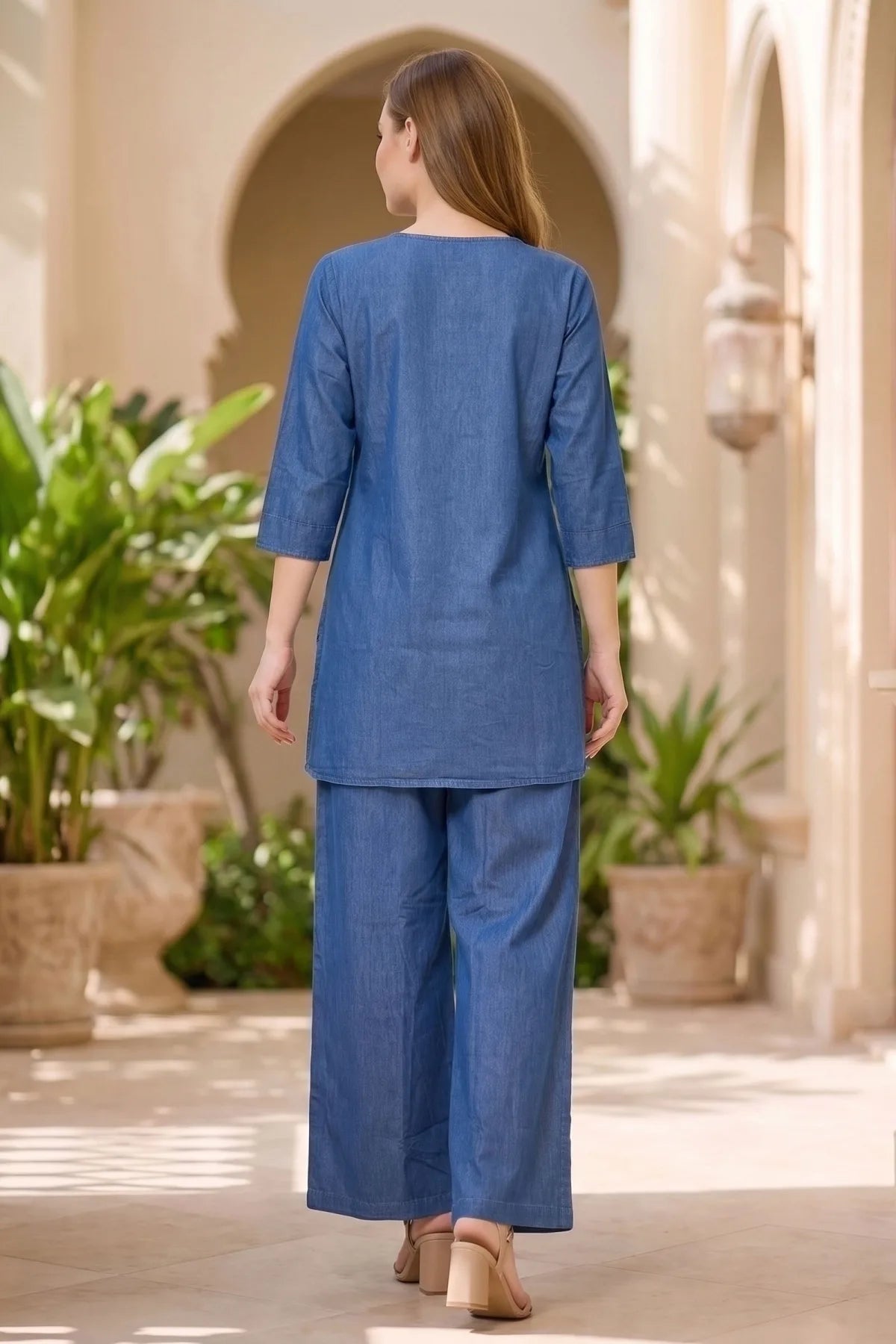 Indigo Denim Kurta Palazzo Set with Floral Thread Embroidery