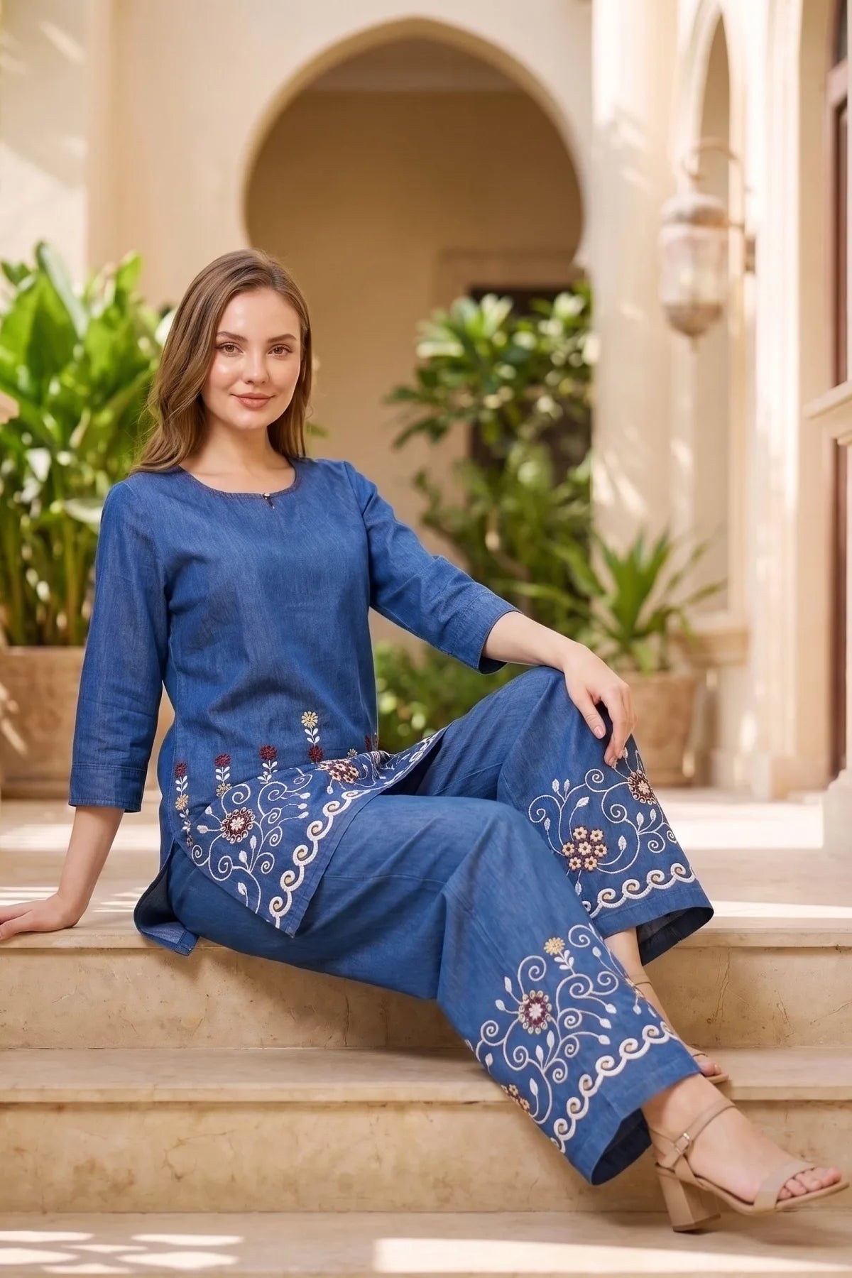 Indigo Denim Kurta Palazzo Set with Floral Thread Embroidery
