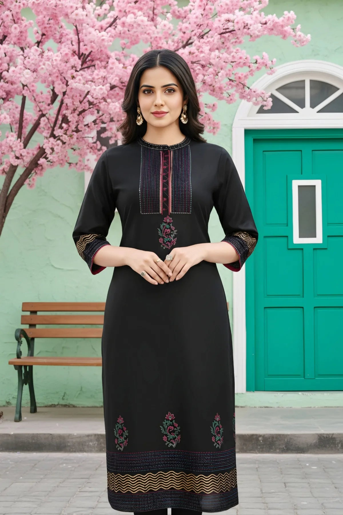 Black Cotton Silk Hand Block Print Long Kurta