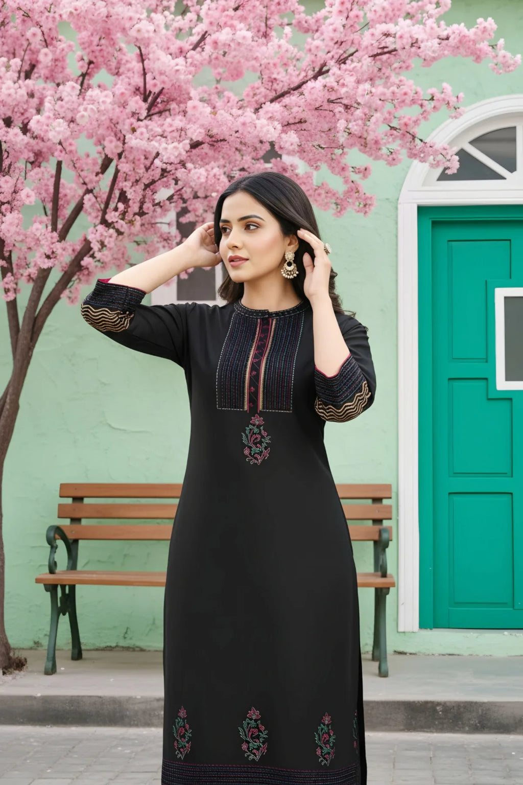 Black Cotton Silk Hand Block Print Long Kurta