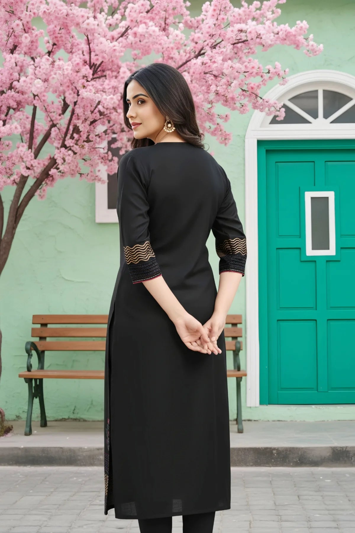 Black Cotton Silk Hand Block Print Long Kurta