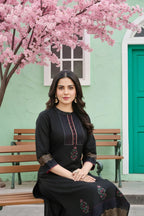 Black Cotton Silk Hand Block Print Long Kurta