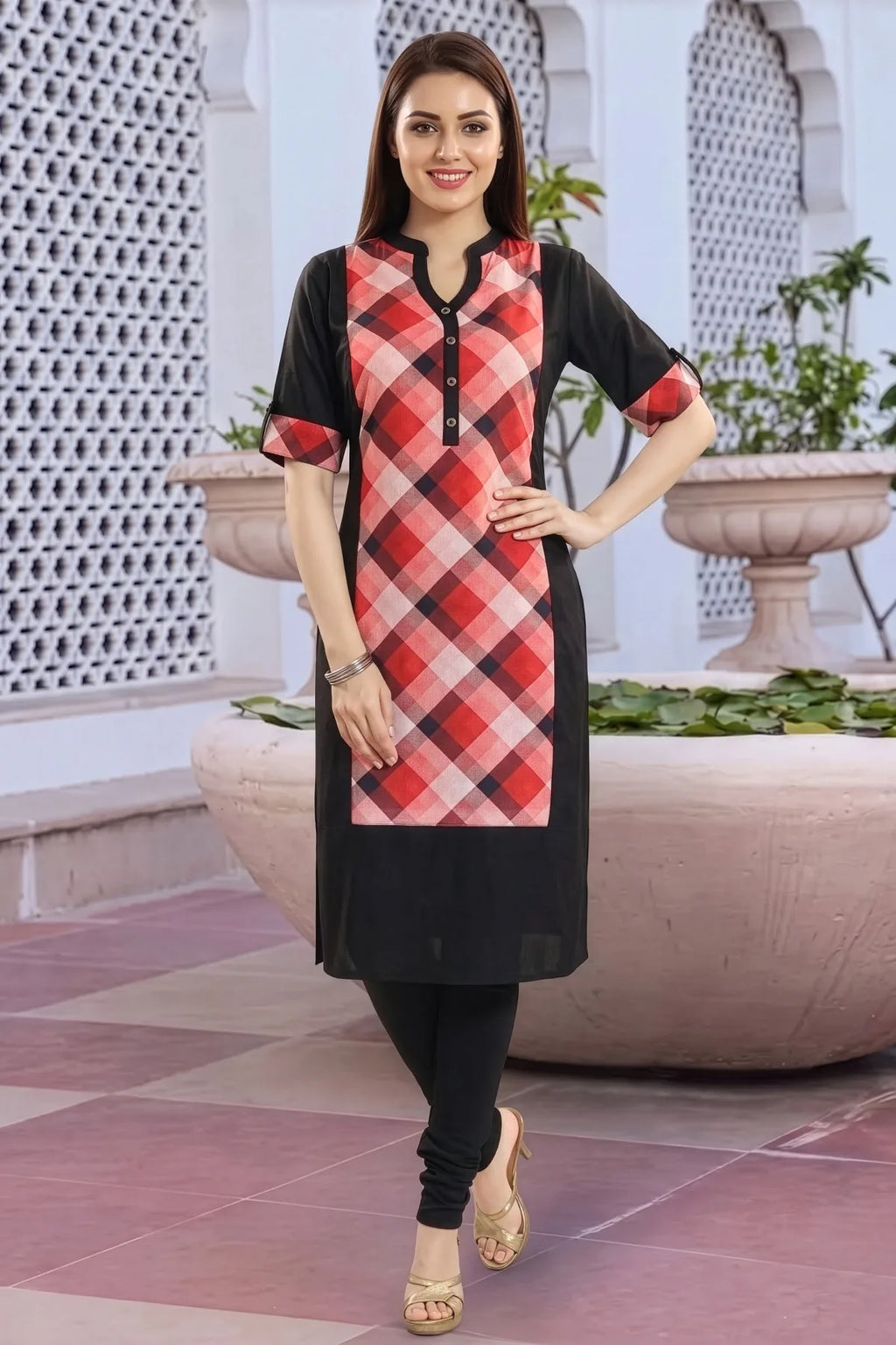 Black Rayon Long Kurti with Geometric Print Patch
