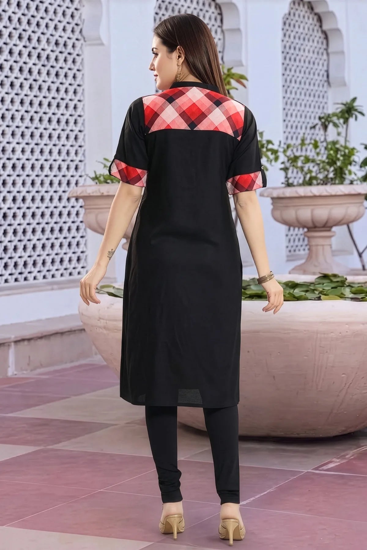 Black Rayon Long Kurti with Geometric Print Patch