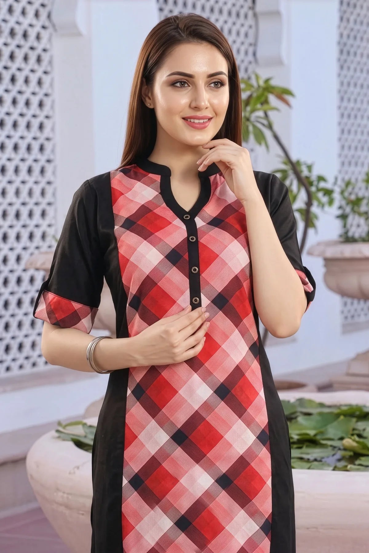 Black Rayon Long Kurti with Geometric Print Patch
