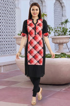 Black Rayon Long Kurti with Geometric Print Patch