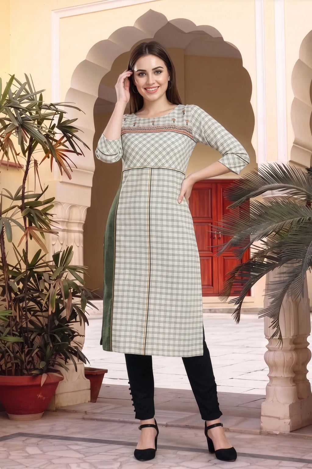 Beige Cotton Checks Designer Kurti with Embroidery