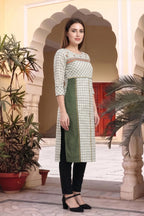 Beige Cotton Checks Designer Kurti with Embroidery