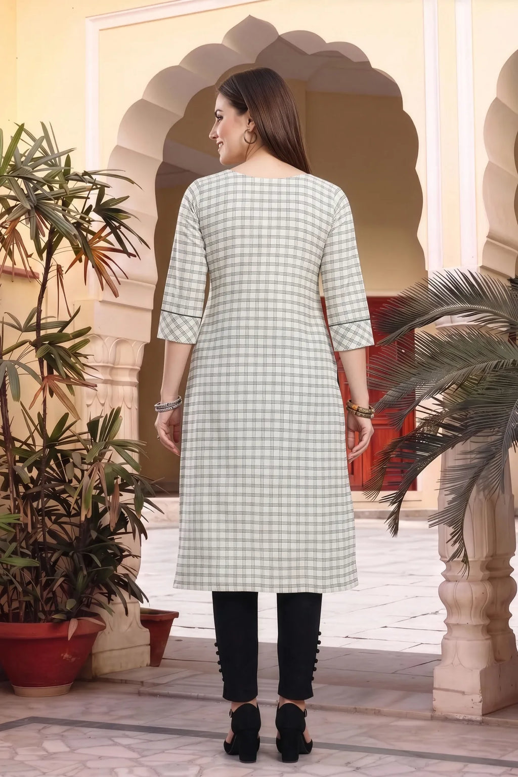 Beige Cotton Checks Designer Kurti with Embroidery