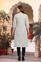 Beige Cotton Checks Designer Kurti with Embroidery