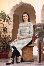 Beige Cotton Checks Designer Kurti with Embroidery