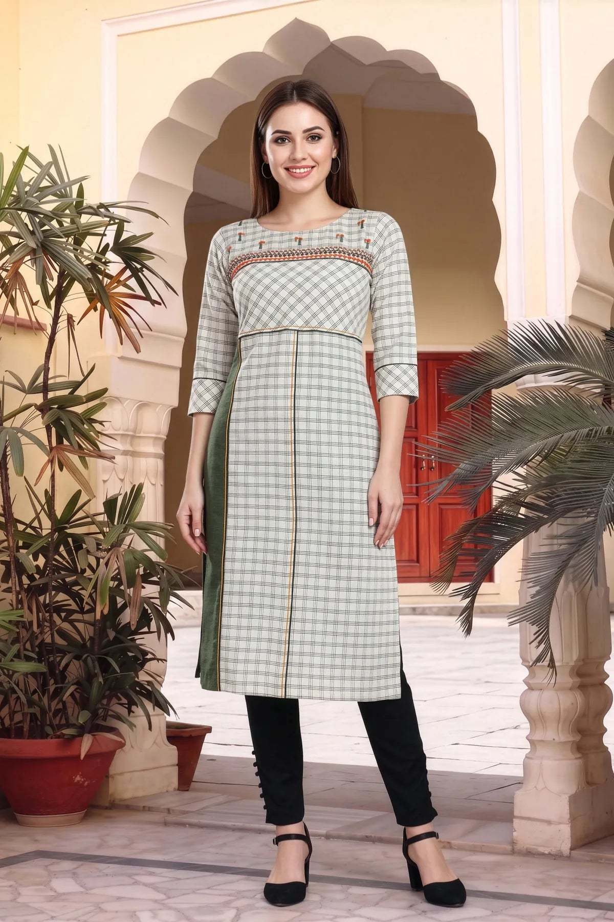 Beige Cotton Checks Designer Kurti with Embroidery