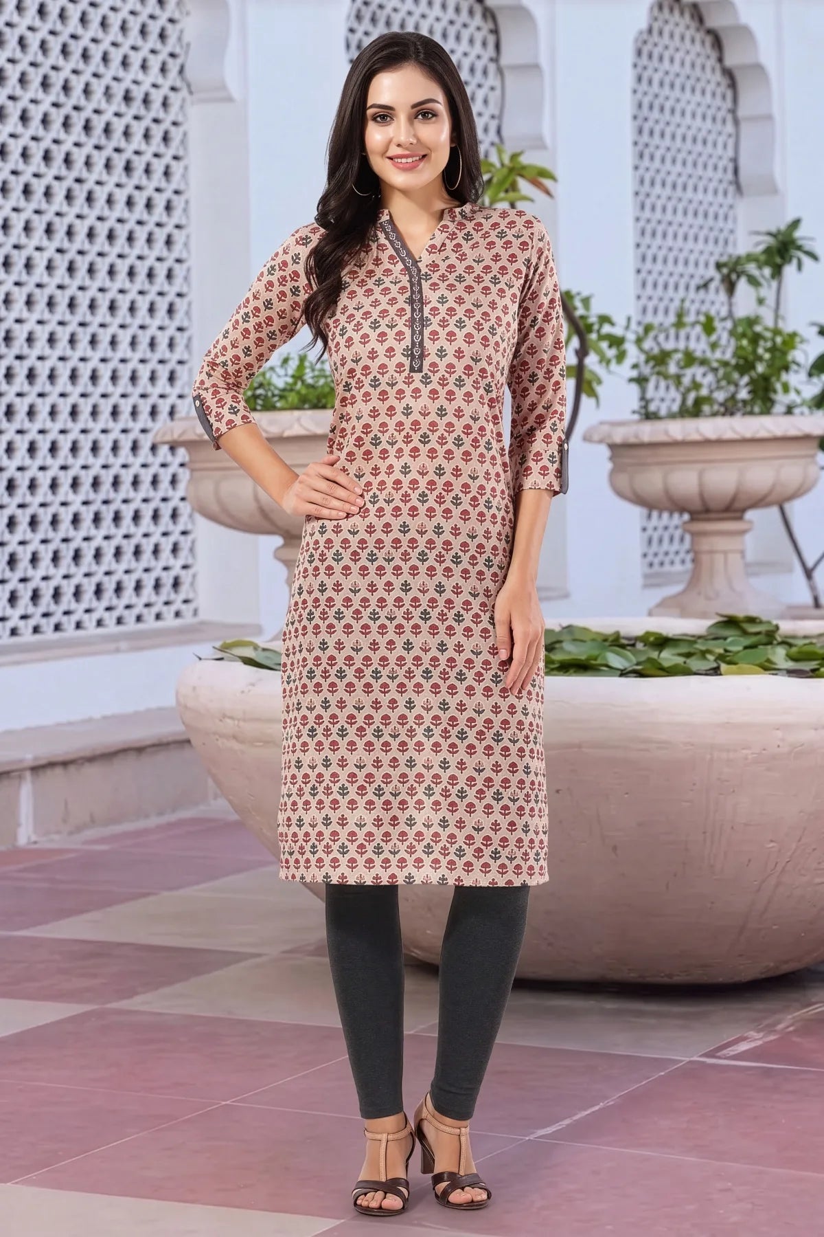 Beige Cotton Printed Long Kurti for Work Wear