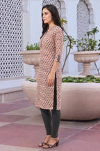 Beige Cotton Printed Long Kurti for Work Wear