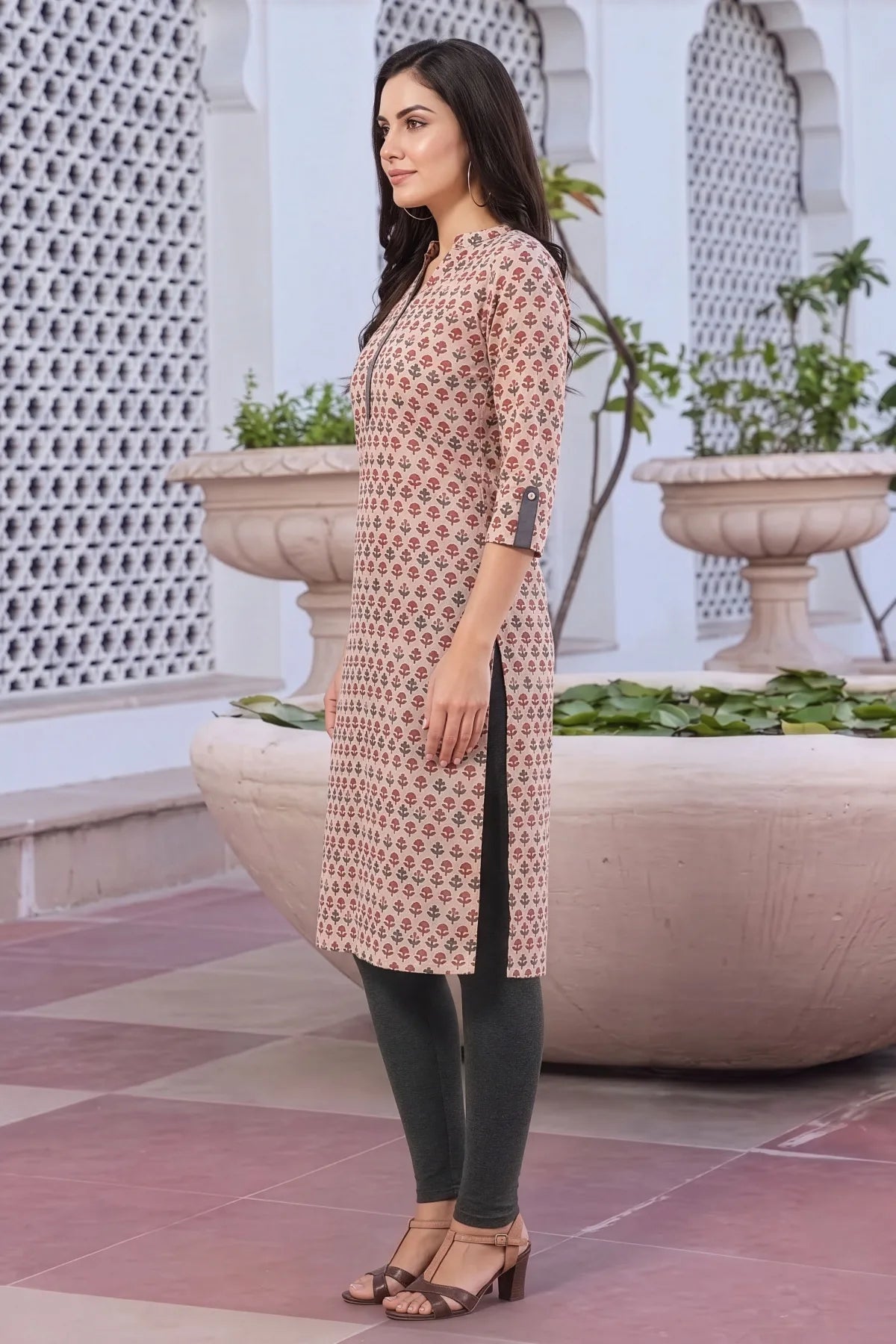 Beige Cotton Printed Long Kurti for Work Wear