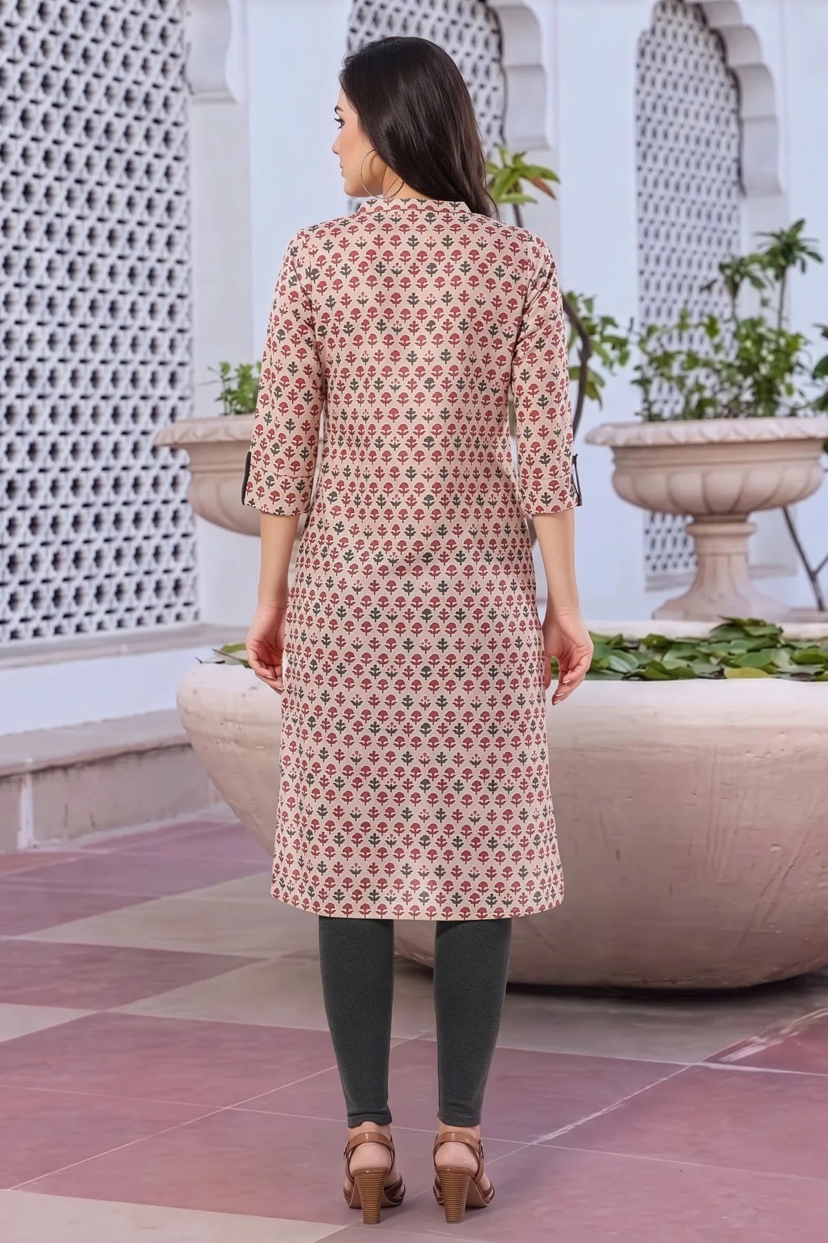 Beige Cotton Printed Long Kurti for Work Wear