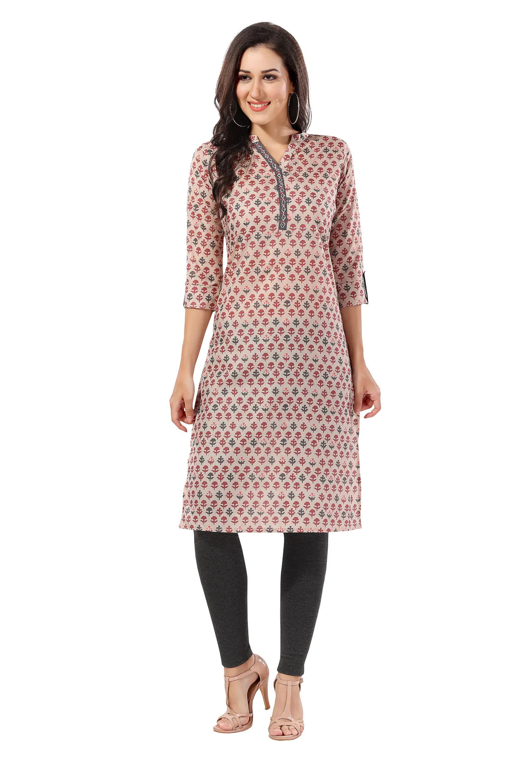 Beige Cotton Printed Long Kurti for Work Wear