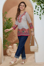 Beige Ethnic Print Cotton Round Neck Short Kurti