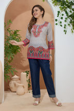 Beige Ethnic Print Cotton Round Neck Short Kurti