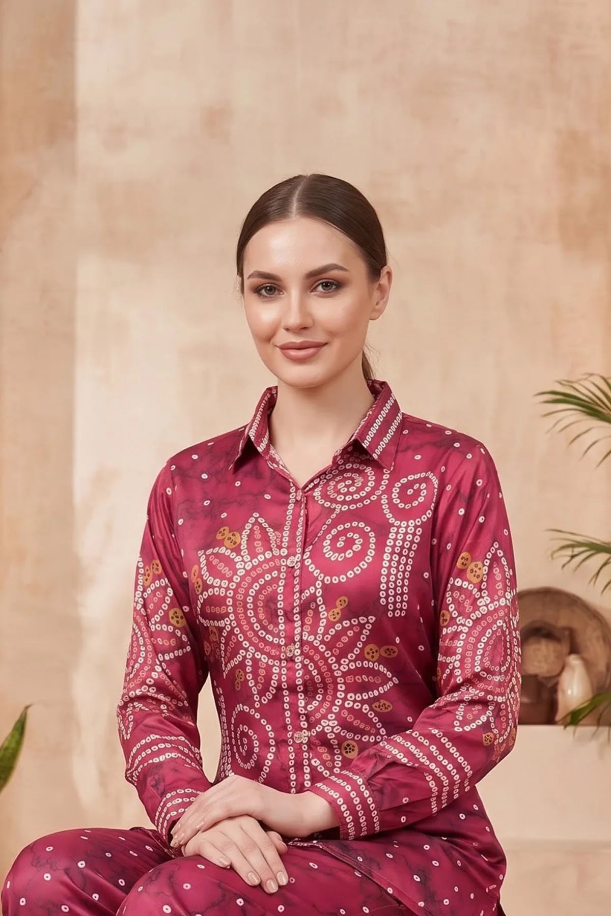 Berry Pink Modal Silk Bandhani Print Shirt with Collar