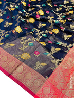 Cotton Resham and Zari Work Jaal Banarasi Saree