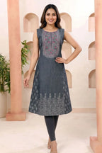 Black Denim Sleeveless Flared Kurti with Thread Work