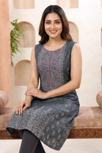 Black Denim Sleeveless Flared Kurti with Thread Work