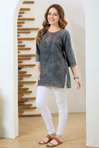 Black Denim Tunic with Hand Embroidery, Round Neck