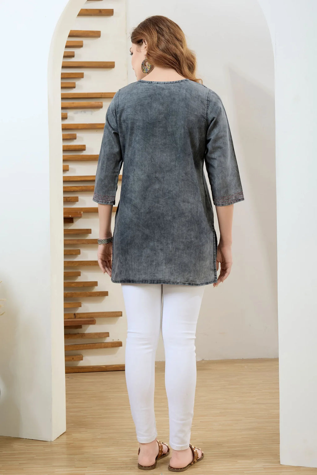 Black Denim Tunic with Hand Embroidery, Round Neck