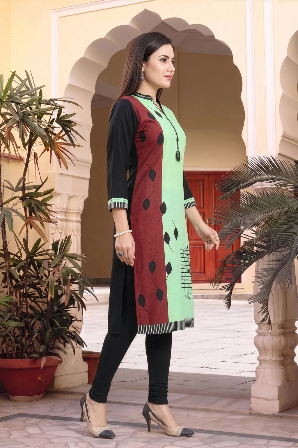 Pista Rayon Ban Collar Placement Print Long Kurti