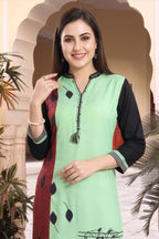 Pista Rayon Ban Collar Placement Print Long Kurti