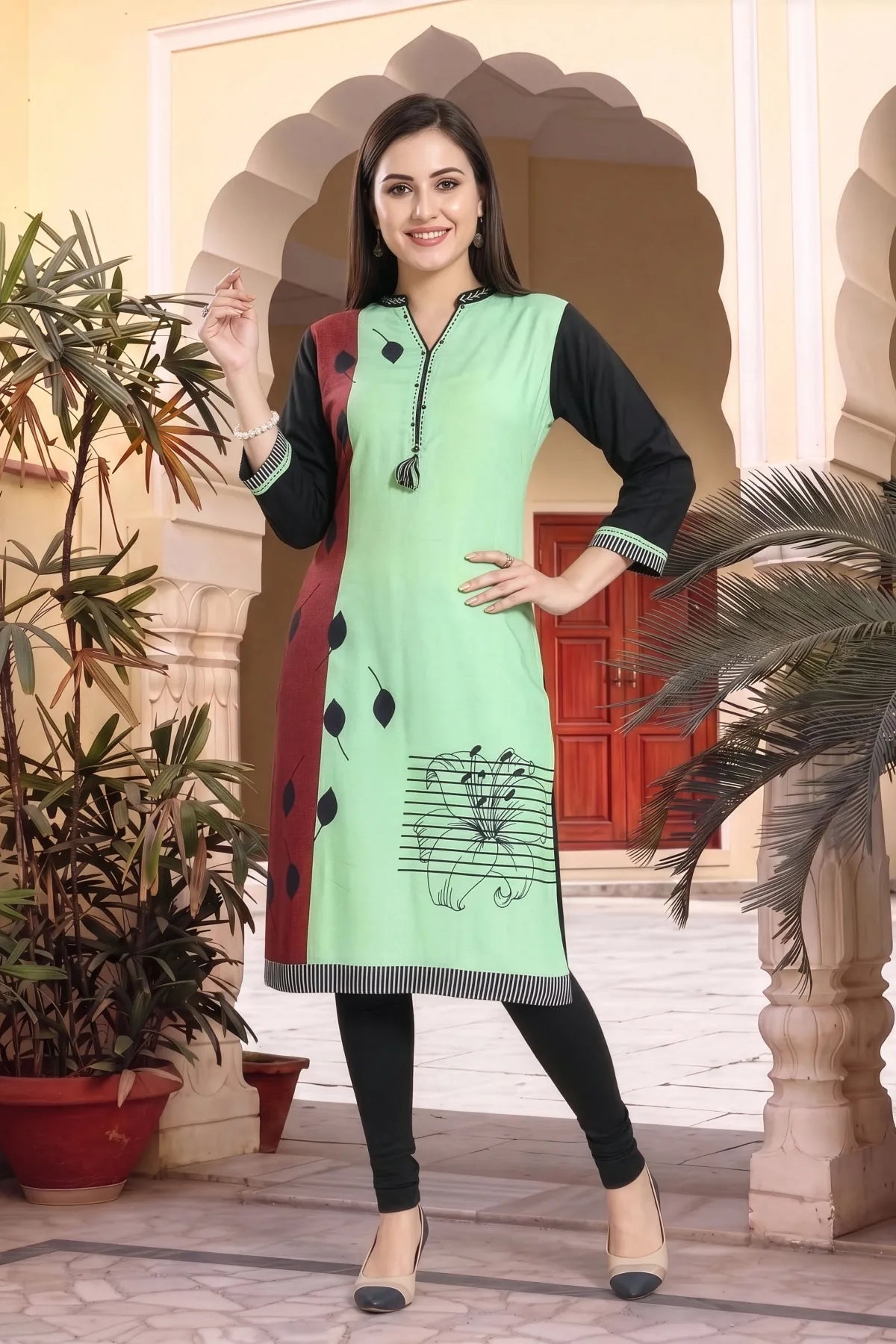 Pista Rayon Ban Collar Placement Print Long Kurti