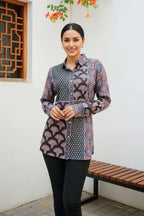 Black Modal Azrakh Print Shirt Style Kurti Top