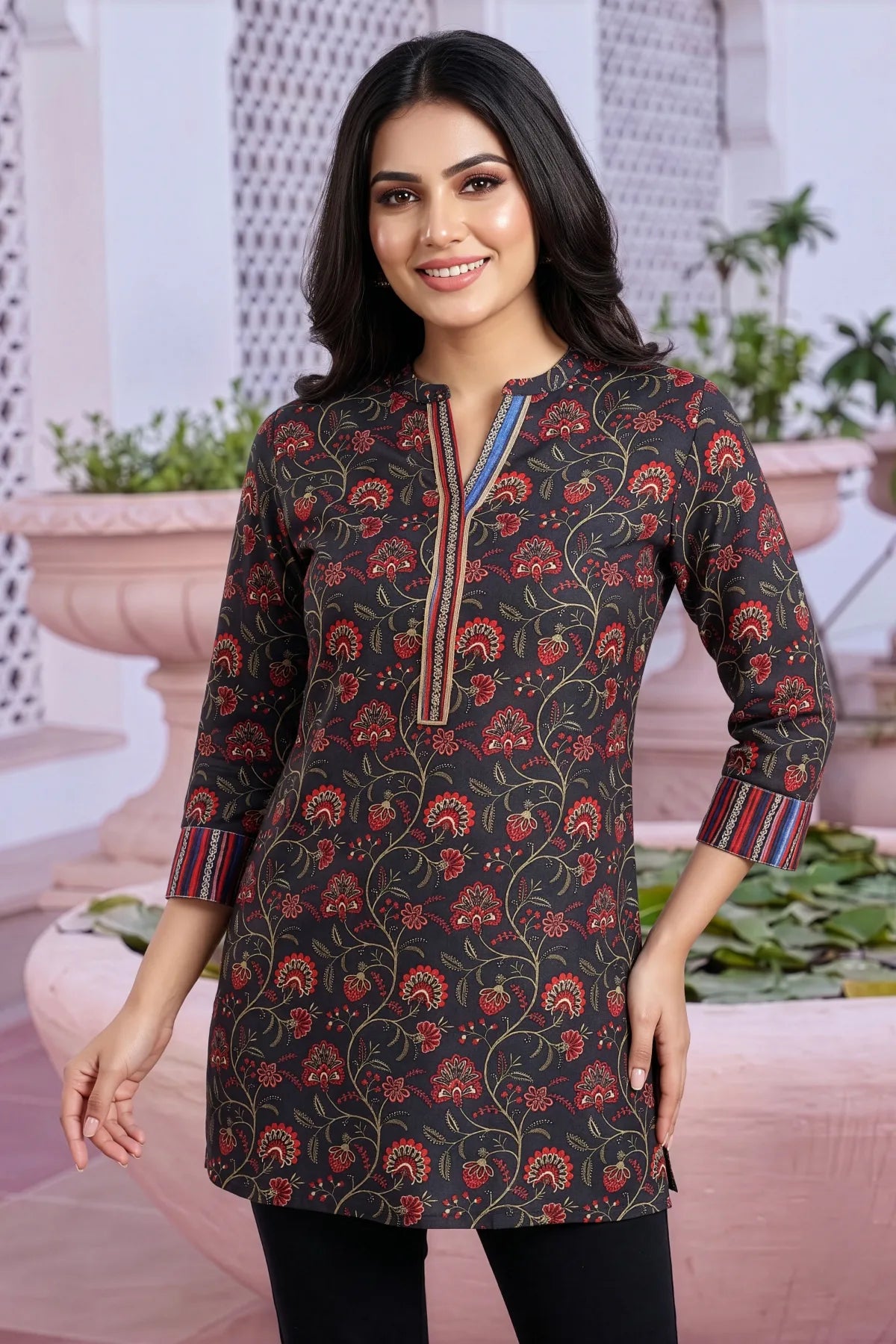 Black Rayon Ban Collar Short Kurti with Printed Cuffs