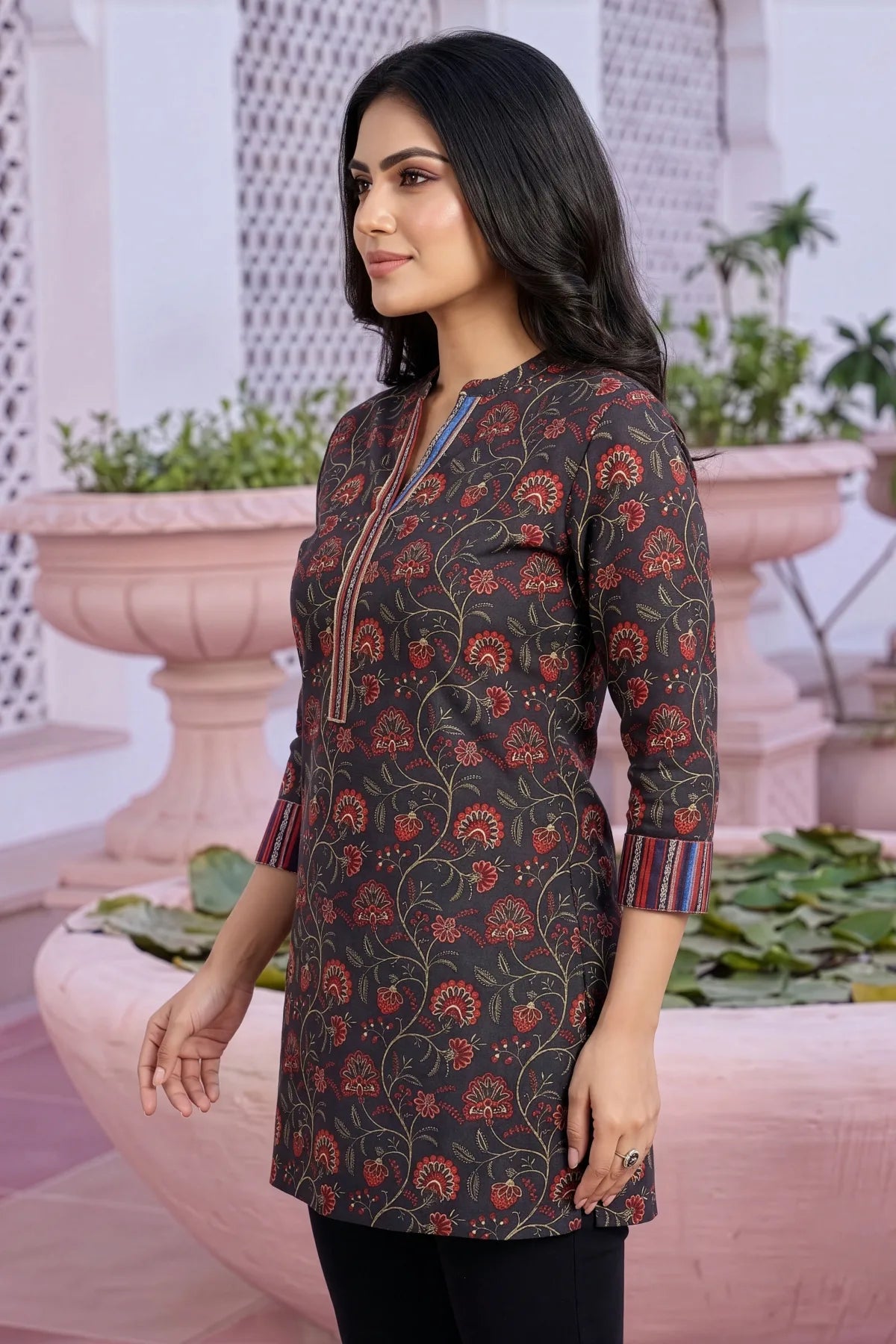 Black Rayon Ban Collar Short Kurti with Printed Cuffs