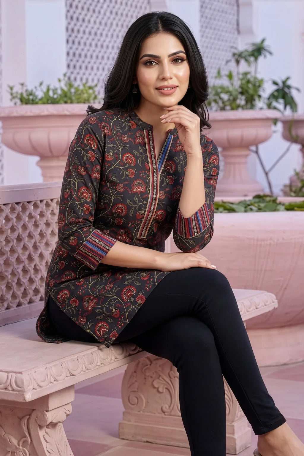Black Rayon Ban Collar Short Kurti with Printed Cuffs