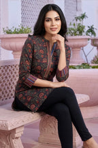 Black Rayon Ban Collar Short Kurti with Printed Cuffs