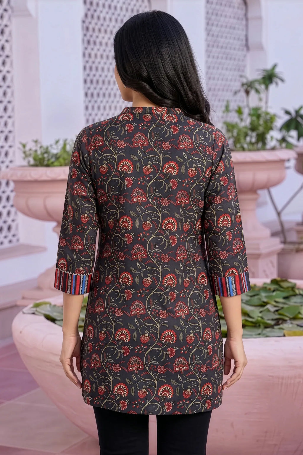 Black Rayon Ban Collar Short Kurti with Printed Cuffs