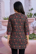 Black Rayon Ban Collar Short Kurti with Printed Cuffs