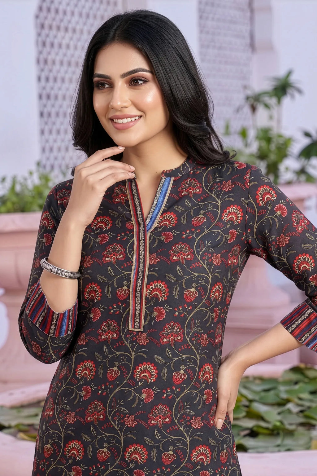 Black Rayon Ban Collar Short Kurti with Printed Cuffs