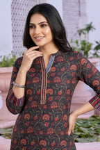 Black Rayon Ban Collar Short Kurti with Printed Cuffs
