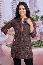 Black Rayon Ban Collar Short Kurti with Printed Cuffs