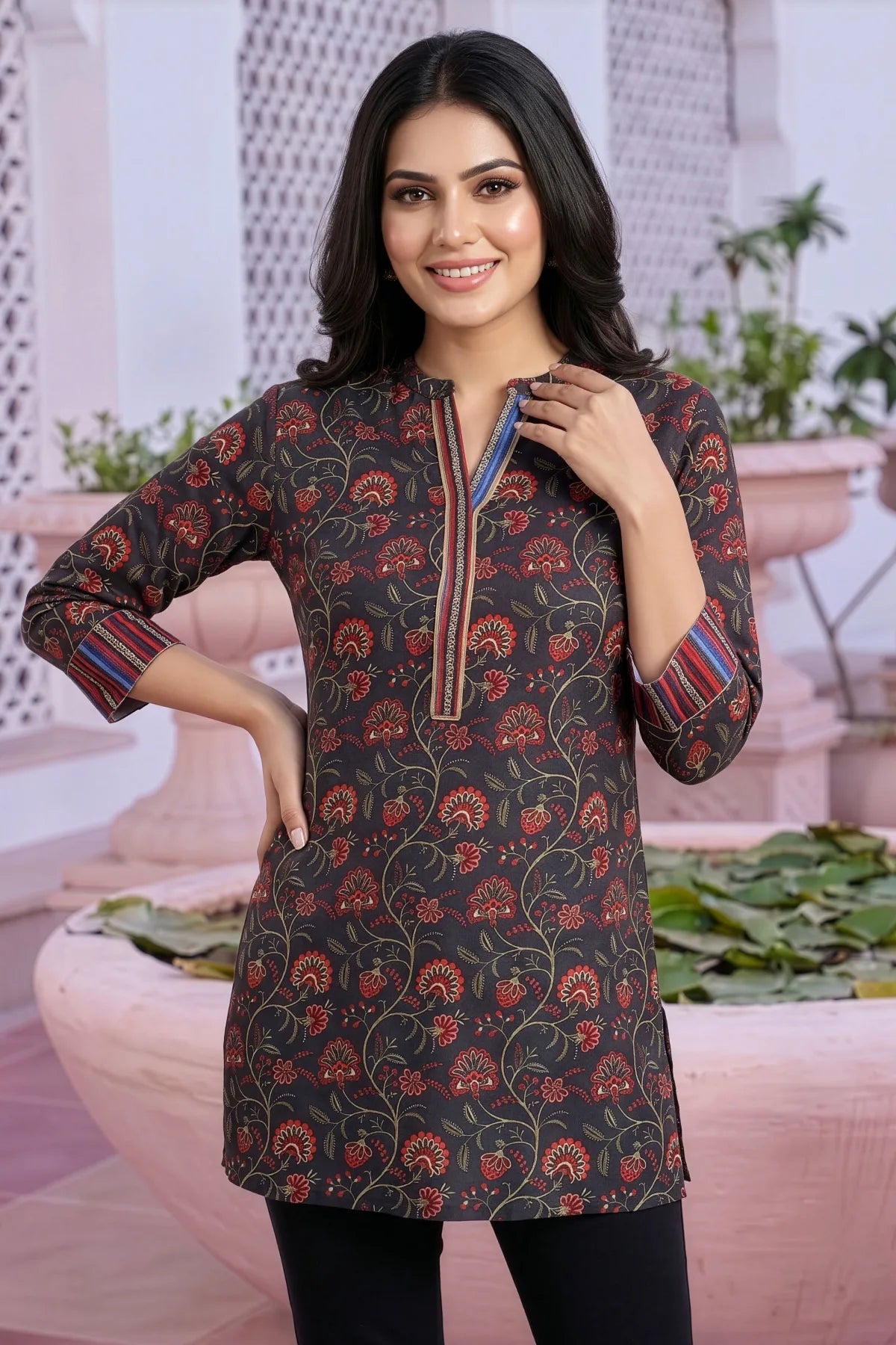 Black Rayon Ban Collar Short Kurti with Printed Cuffs