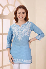 Blue Cotton Short Kurti with Chikankari Print